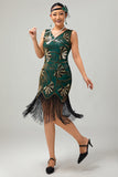 Green Golden Beaded Fringe 1920s Dress with 4-Piece Accessories Set