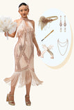Champagne Sequin Halter Fringe 1920s Dress with 5-Piece Accessories Set