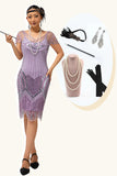 Purple Sequin Fringe 1920s Dress with 5-Piece Accessories Set