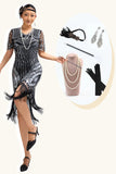 Black Silver Sequin V Neck Fringe 1920s Dress with 5-Piece Accessories Set