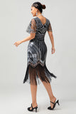 Black Silver Sequin V Neck Fringe 1920s Dress with 5-Piece Accessories Set