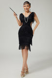 Black V Neck Bodycon Tiered Fringed Sequin 1920s Dress With 5-Piece Accessories Set