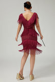 Bodycon Sequin Burgundy Tiered Fringed Sequin 1920s Dress with 5-Piece Accessories Set