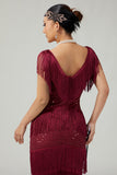 Bodycon Sequin Burgundy Tiered Fringed Sequin 1920s Dress with 5-Piece Accessories Set
