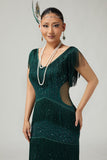 Dark Green Sequin Bodycon Tiered Fringed 1920s Dress with With 5-Piece Accessories Set