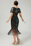 Black Blue Sequin Bodycon Fringed 1920s Dress with with 5-Piece Accessories Set