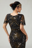 Black Golden Bodycon Fringed Sequin 1920s Dress With 5-Piece Accessories Set