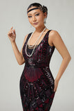 Burgundy Sequin Fringed Bodycon 1920s Dress With 5-Piece Accessories Set