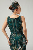Sparkly Dark Green Fringed Bodycon 1920s Dress With 5-Piece Accessories Set