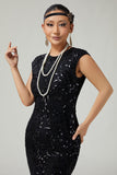 Black Bodycon Sequins Fringed 1920s Dress With 5-Piece Accessories Set