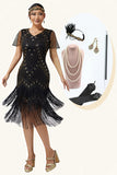 Black Golden V-Neck Bodycon Fringed 1920s Dress With 5-Piece Accessories Set