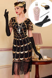 Sparkly Black Golden Fringed V-Neck Sequins Bodycon Midi 1920s Dress With 5-Piece Accessories Set