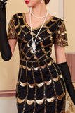 Sparkly Black Golden Fringed V-Neck Sequins Bodycon Midi 1920s Dress With 5-Piece Accessories Set