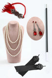 Black Red Beaded Sequins V-Neck Bodycon Fringed Midi 1920s Dress With 5-Piece Accessories Set