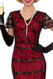 Black Red Beaded Sequins V-Neck Bodycon Fringed Midi 1920s Dress With 5-Piece Accessories Set