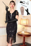 Black V-Neck Bodycon Sequins Fringed Beaded Midi 1920s Dress With 5-Piece Accessories Set