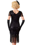 Black V-Neck Bodycon Sequins Fringed Beaded Midi 1920s Dress With 5-Piece Accessories Set