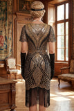 Sparkly Black Golden Bodycon Fringed Sheer Short Sleeves Midi 1920s Dress With 4-Piece Accessories Set