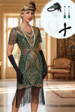Green Golden V-Neck Sequins Fringed Bodycon Midi 1920s Dress With 4-Piece Accessories Set