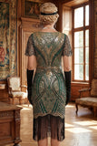Green Golden V-Neck Sequins Fringed Bodycon Midi 1920s Dress With 4-Piece Accessories Set