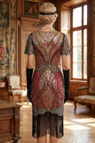 Sparkly Red Golden V-Neck Sequins Fringed Bodycon Midi 1920s Dress With 5-Piece Accessories Set