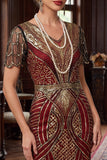 Sparkly Red Golden V-Neck Sequins Fringed Bodycon Midi 1920s Dress With 5-Piece Accessories Set