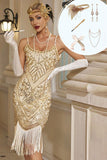 Bodycon Apricot Sequins Spaghetti Straps Fringed Midi 1920s Dress With 5-Piece Accessories Set