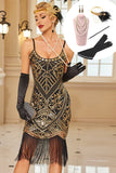 Black Golden Bodycon Spaghetti Straps Sequins Fringed Midi 1920s Dress With 20s Accessories Set