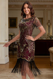 Burgundy Round Neck Sequins Beaded Bodycon Fringed Midi 1920s Dress With 5-Piece Accessories Set