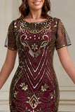 Burgundy Round Neck Sequins Beaded Bodycon Fringed Midi 1920s Dress With 5-Piece Accessories Set