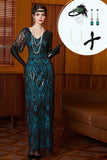 Sparkly Black Blue Sheath V-Neck Sequins Long 1920s Dress With 4-Piece Accessories Set
