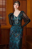 Sparkly Black Blue Sheath V-Neck Sequins Long 1920s Dress With 4-Piece Accessories Set
