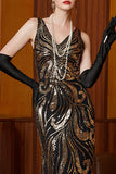 Black Golden V-Neck Sequins Mermaid Tulle Long 1920s Dress With 4-Piece Accessories Set