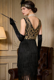 Black Golden Illusion Round Neck Sheath Tiered Fringed Midi 1920s Dress With 5-Piece Accessories Set