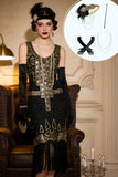 Black Golden Round Neck Sequins Sheath Fringed Midi 1920s Dress With 4-Piece Accessories Set