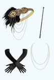 Black Golden Round Neck Sequins Sheath Fringed Midi 1920s Dress With 4-Piece Accessories Set