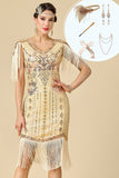 Apricot Sheath V-Neck Sequins Fringed Midi 1920s Dress With 5-Piece Accessories Set