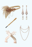 Apricot Sheath V-Neck Sequins Fringed Midi 1920s Dress With 5-Piece Accessories Set