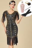 Black Golden V-Neck Sequins Bodycon Fringed 1920s Dress With 5-Piece Accessories Set