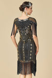 Black Golden V-Neck Sequins Bodycon Fringed 1920s Dress With 5-Piece Accessories Set