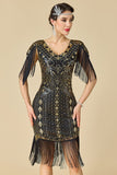 Black Golden V-Neck Sequins Bodycon Fringed 1920s Dress With 5-Piece Accessories Set