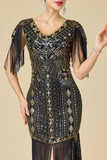 Black Golden V-Neck Sequins Bodycon Fringed 1920s Dress With 5-Piece Accessories Set