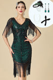V-Neck Black Green Bodycon Sequins Beaded Fringed Midi 1920s Dress With 4-Piece Accessories Set
