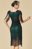 V-Neck Black Green Bodycon Sequins Beaded Fringed Midi 1920s Dress With 4-Piece Accessories Set