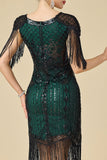 V-Neck Black Green Bodycon Sequins Beaded Fringed Midi 1920s Dress With 4-Piece Accessories Set
