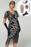 Black V-Neck Sequins Beaded Multi-Layer Fringed Bodycon Midi 1920s Dress With 5-Piece Accessories Set