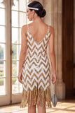 White Golden Spaghetti Straps Sequins Bodycon Fringed 1920s Dress With 5-Piece Accessories Set