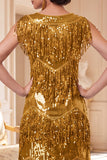 Sparkly Golden Round Neck Sheath Sequins 1920s Dress With 4-Piece Accessories Set