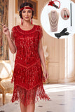 Red Round Neck Sequins Tiered Fringed Midi 1920s Dress With 5-Piece Accessories Set