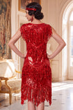 Red Round Neck Sequins Tiered Fringed Midi 1920s Dress With 5-Piece Accessories Set
